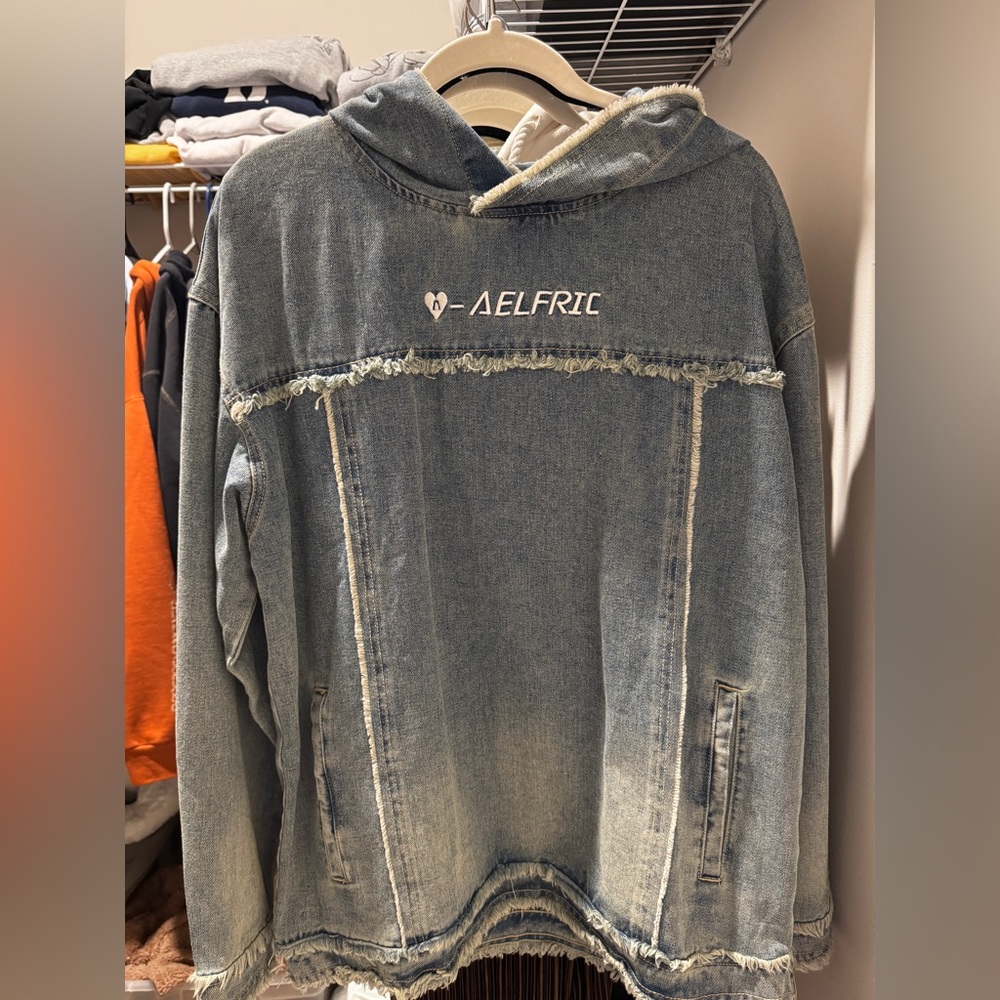 Aelfric Eden Blue Denim Hoodie with Frayed Edges
